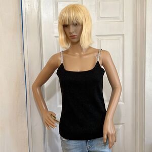 Pointelle Black Whimsigoth Y2K Rib Knit Embellished Strap  Top Camisole Size S/M